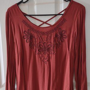 Faded Glory Orange Floral Pattern Long Sleeve Blouse